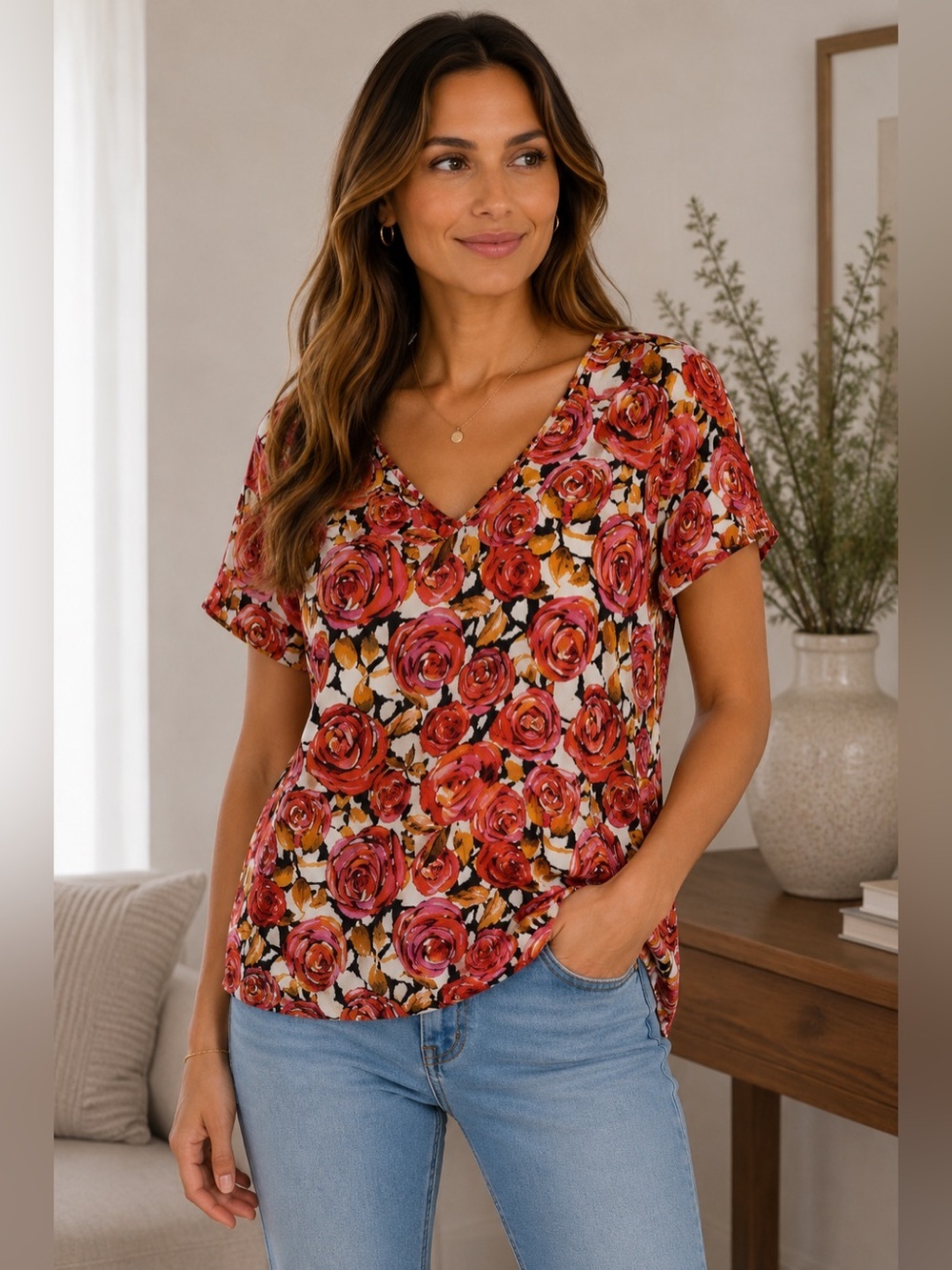Blue Sky Floral Print Short Sleeve Top Size M Y2K Cottagecore Romantic Boho